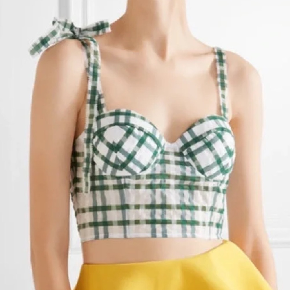 Rosie Assoulin Plaid Green and White Bustier Crop Top Size 10